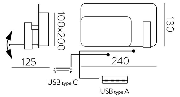 ACB Iluminacion Nástěnné LED svítidlo LAIKA pravé, š. 24 cm, 4W + 3W, CRI90, 2x vstup USB/USBC Barva: Nikl