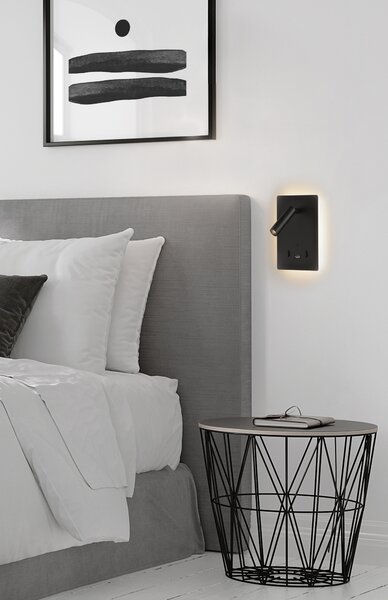 ACB Iluminacion Nástěnné LED svítidlo MANAT, v. 19 cm, 12W + 3W, CRI90, 2x vstup USB/USBC Barva: Černá