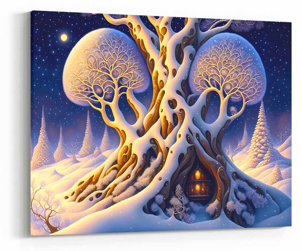 Obraz zasněžený domek ve starém stromě v zimě