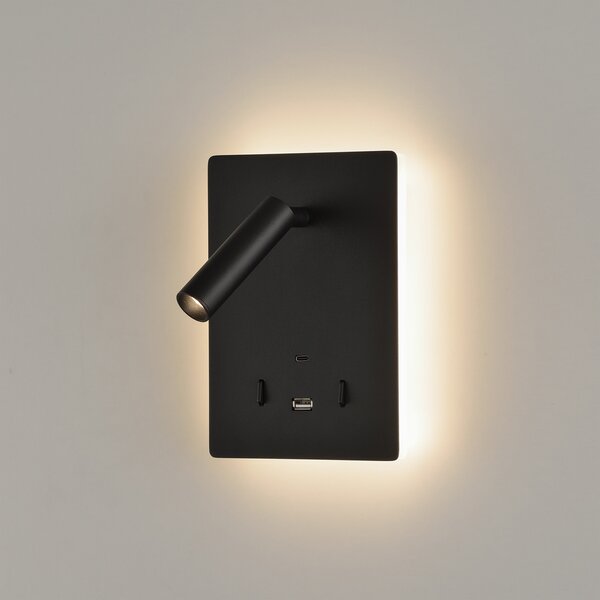 ACB Iluminacion Nástěnné LED svítidlo MANAT, v. 19 cm, 12W + 3W, CRI90, 2x vstup USB/USBC Barva: Černá