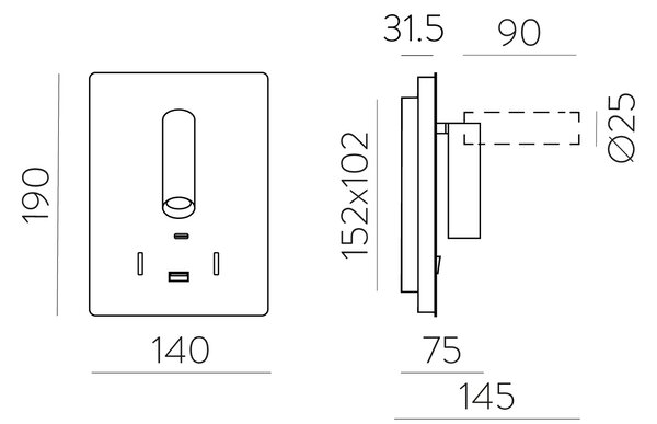 ACB Iluminacion Nástěnné LED svítidlo MANAT, v. 19 cm, 12W + 3W, CRI90, 2x vstup USB/USBC Barva: Černá