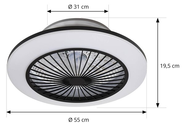 Lindby Stropní ventilátor LED Mamuti, černý, tichý, Ø 55 cm, stmívatelný, Černá, Obývací pokoj / jídelna, Hliník, Moderní