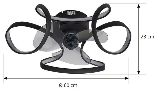 Lindby Stropní ventilátor LED Lomata, černý, tichý, Ø 23 cm, stmívatelný, Černá, Obývací pokoj / jídelna, Hliník, Moderní