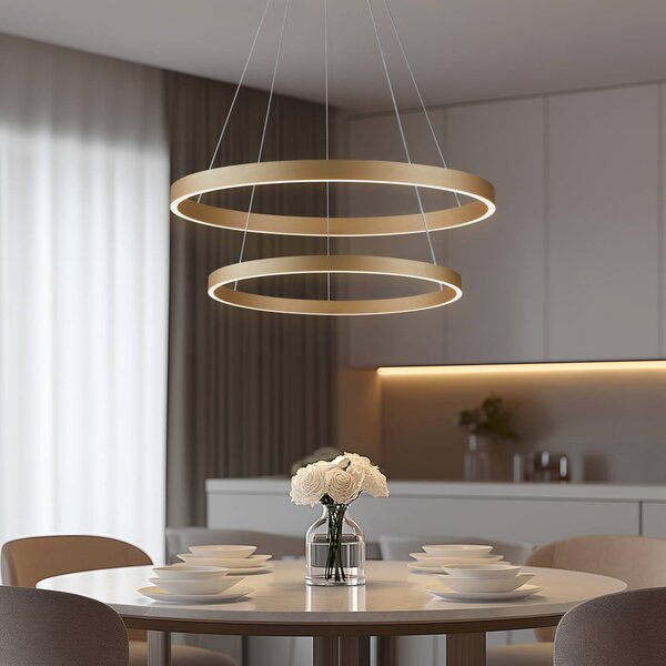 Lucande Smart LED závěsné svítidlo Yonam, zlatá, 2 světla, Tuya, stmívatelný, Mosaz / zlato, Obývací pokoj / jídelna, Hliník, Moderní
