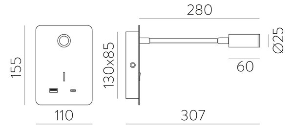 ACB Iluminacion Nástěnné LED svítidlo SENDA, v. 16 cm, 3W, CRI90, 2x vstup USB/USBC Barva: Bílá