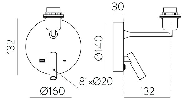ACB Iluminacion Nástěnné LED svítidlo STILO, 3W + 1xE27 15W, CRI90, 2x vstup USB/USBC Barva: Černá