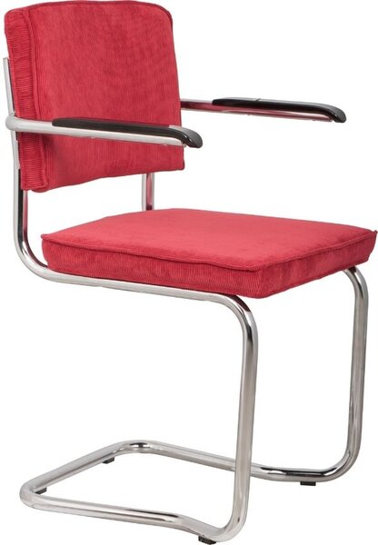 Červená manšestrová jídelní židle ZUIVER RIDGE KINK RIB s područkami