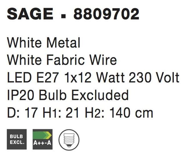 Nova Luce Závěsné svítidlo SAGE, 17cm, E27 1x12W Barva: Bílá