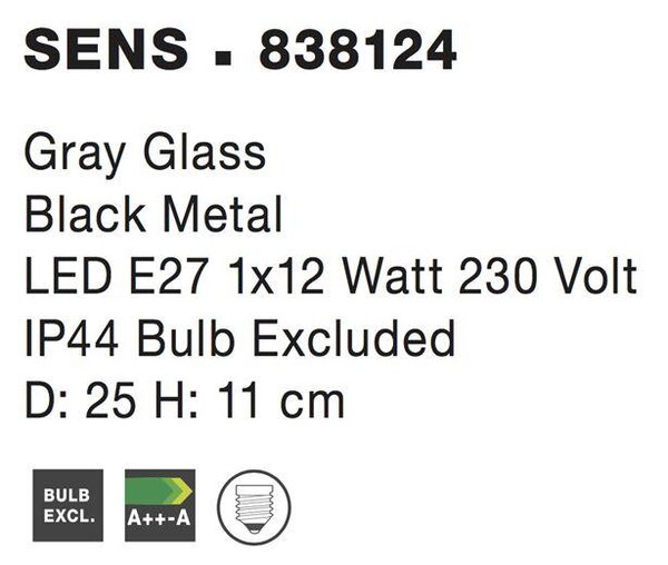 Nova Luce Stropní svítidlo SENS, 25cm, E27 1x12W, IP44 Barva: Kouřové sklo