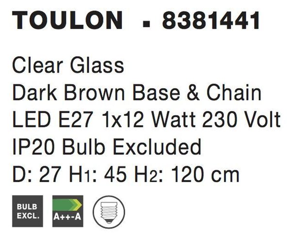 Nova Luce Závěsné svítidlo TOULON, 27cm, E27 1x12W Barva: Kouřové sklo