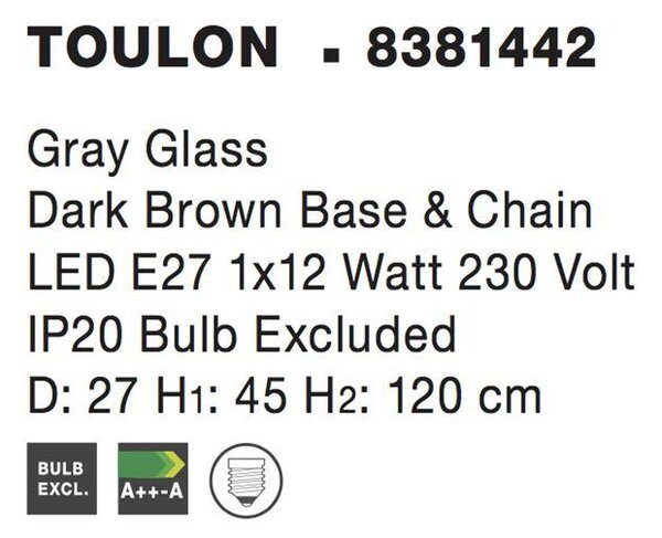 Nova Luce Závěsné svítidlo TOULON, 27cm, E27 1x12W Barva: Kouřové sklo