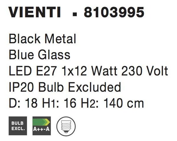 Nova Luce Závěsné svítidlo VIENTI, 18cm, E27 1x12W Barva: Modré sklo