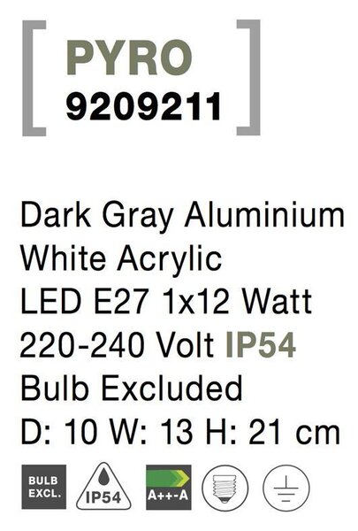 Nova Luce Venkovní nástěnné svítidlo PYRO, E27 1x12W IP54