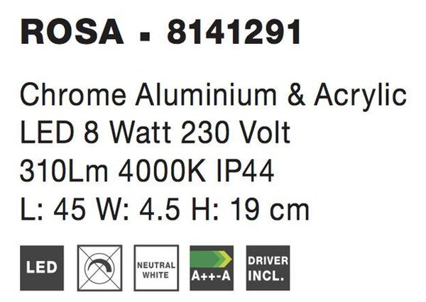 Nova Luce Nástěnné svítidlo nad zrcadlo ROSA, 45cm, LED 8W 4000K IP44