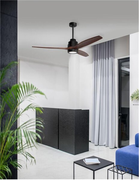 Nova Luce Stropní ventilátor se světlem SABAL tělo z oceli matná černá a sklo 3ABS dřevěné listy 12W 3000K