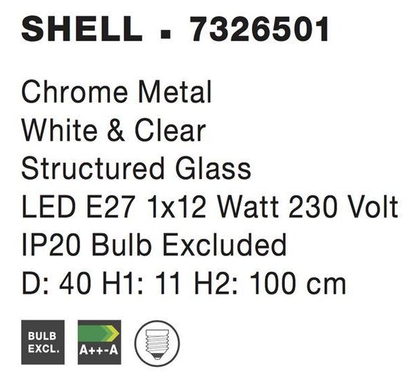 Nova Luce Závěsné svítidlo SHELL chromovaný kov bílá a čiré strukturované sklo E27 1x12W