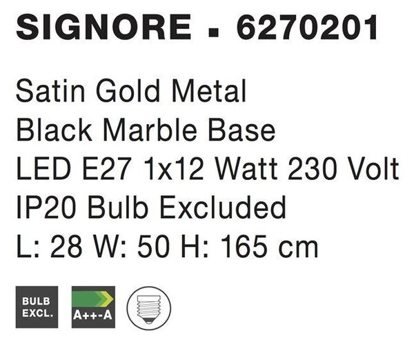 Nova Luce Stojací lampa SIGNORE saténový zlatý kov, E27 1x12W