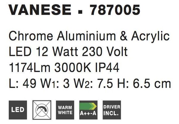 Nova Luce Nástěnné svítidlo nad zrcadlo VANESE, LED 12W 3000K IP44