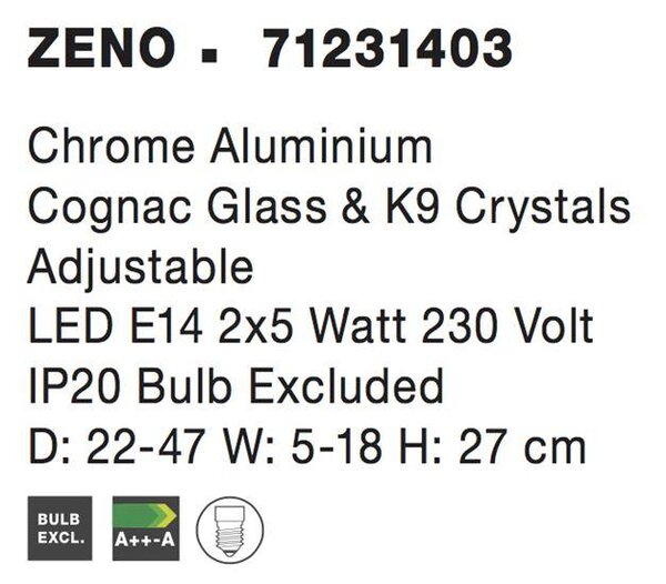 Nova Luce Nástěnné svítidlo ZENO, kouřové sklo a K9 křišťály nastavitelné E14 2x5 W