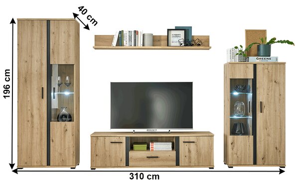 Obývací stěna Kardun (dub artisan + černá) (s LED osvětlením)