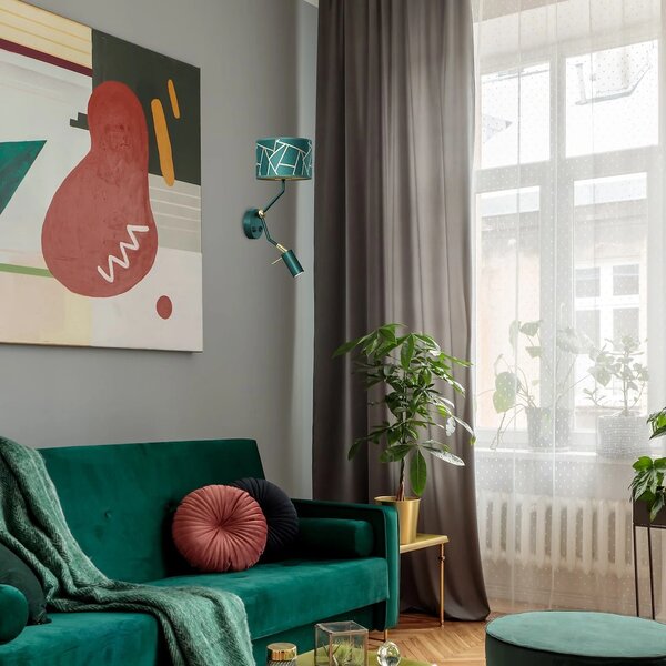 Nástěnné svítidlo Ziggy, 1x zelené/zlaté textilní stínítko + 1x zelené kovové stínítko, gr/g, vypínač