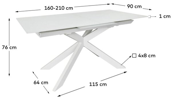 Bílý skleněný rozkládací jídelní stůl Kave Home Atminda 160/210 x 90 cm