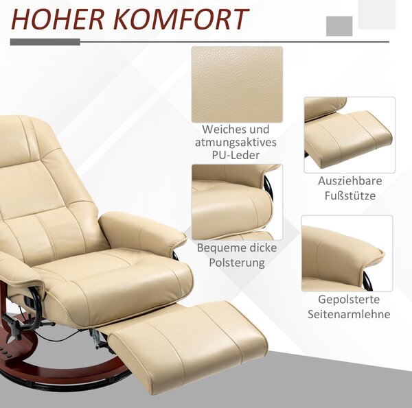 HOMCOM Reklinační Křeslo s Funkcí Otáčení, Podnožka, Křeslo s Opěrkami, Dřevěné Nohy do Obývacího Pokoj, Ložnice, Faux Kůže, Krémově Bílá | Aosom