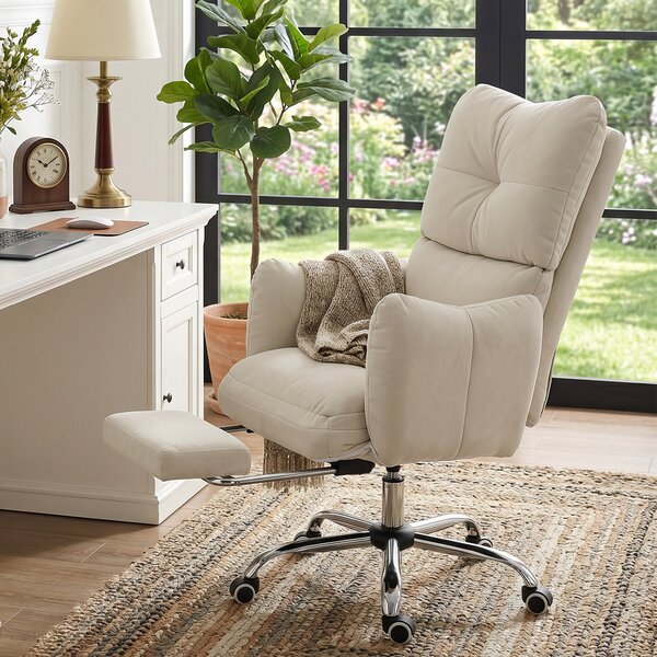 HOMCOM ergonomické kancelářské křeslo s podnožkou — krémově bílý flanel, silné čalounění, vysoké opěradlo, výškově nastavitelné | Aosom