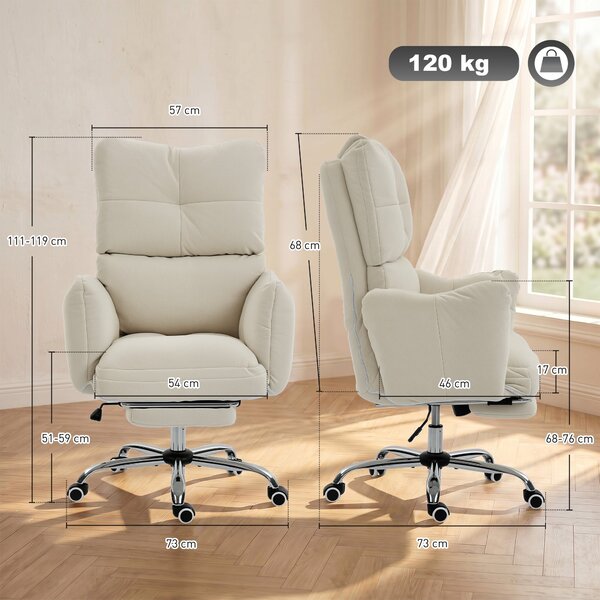 HOMCOM ergonomické kancelářské křeslo s podnožkou — krémově bílý flanel, silné čalounění, vysoké opěradlo, výškově nastavitelné | Aosom