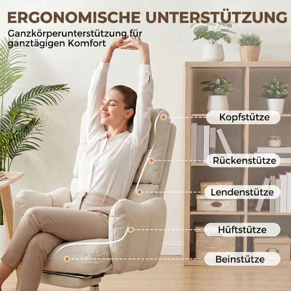 HOMCOM ergonomické kancelářské křeslo s podnožkou — krémově bílý flanel, silné čalounění, vysoké opěradlo, výškově nastavitelné | Aosom