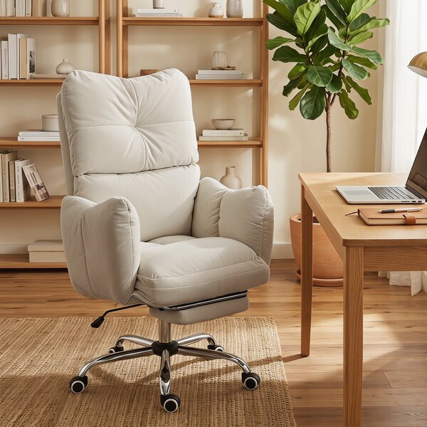 HOMCOM ergonomické kancelářské křeslo s podnožkou — krémově bílý flanel, silné čalounění, vysoké opěradlo, výškově nastavitelné | Aosom