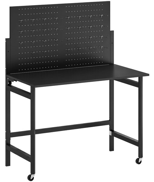 HOMCOM skládací pracovní stůl na kolečkách, 115 x 62 x 143,5 cm, pracovní deska s nástěnným panelem a 12 háčky, silná MDF, ocelový rám, nosnost 120 kg