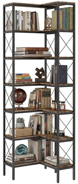 HOMCOM 6patrový rohový regál do L, volně stojící kovový rám pro obývák/kancelář/ložnici, 60 × 60 × 200 cm, rustikální hnědá | Aosom