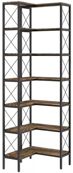HOMCOM 6patrový rohový regál do L, volně stojící kovový rám pro obývák/kancelář/ložnici, 60 × 60 × 200 cm, rustikální hnědá | Aosom