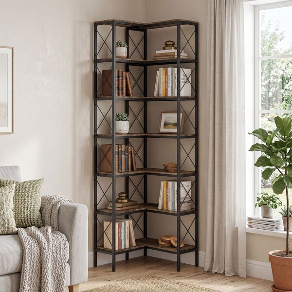 HOMCOM 6patrový rohový regál do L, volně stojící kovový rám pro obývák/kancelář/ložnici, 60 × 60 × 200 cm, rustikální hnědá | Aosom