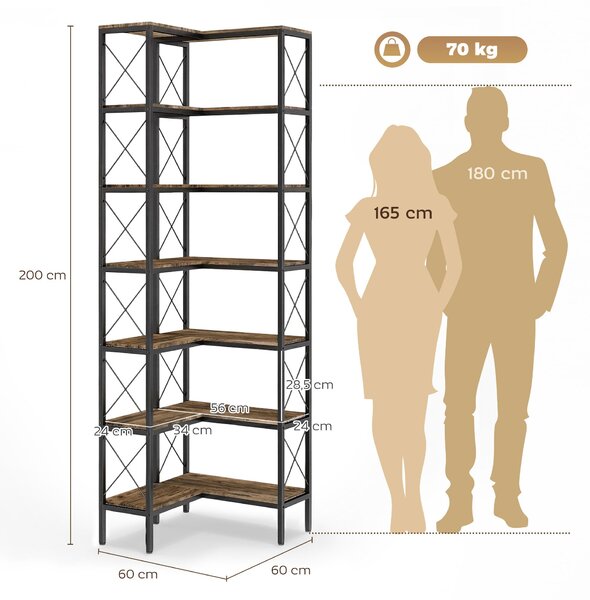 HOMCOM 6patrový rohový regál do L, volně stojící kovový rám pro obývák/kancelář/ložnici, 60 × 60 × 200 cm, rustikální hnědá | Aosom