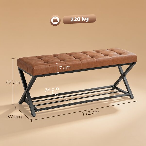 HOMCOM lavice na boty s polstrovaným sedákem, botník s úložným prostorem, průmyslový X-rám z oceli, PU kůže, nosnost až 220 kg, 112 x 37 x 47 cm, hněd