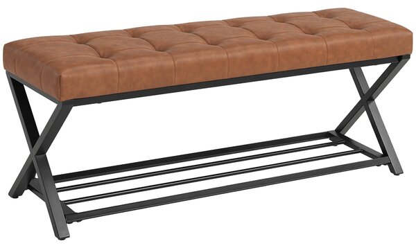 HOMCOM lavice na boty s polstrovaným sedákem, botník s úložným prostorem, průmyslový X-rám z oceli, PU kůže, nosnost až 220 kg, 112 x 37 x 47 cm, hněd