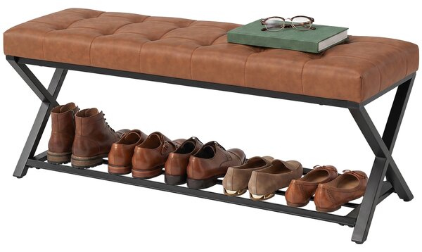 HOMCOM lavice na boty s polstrovaným sedákem, botník s úložným prostorem, průmyslový X-rám z oceli, PU kůže, nosnost až 220 kg, 112 x 37 x 47 cm, hněd