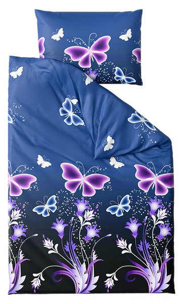 Sada mikroplyšového povlečení VIOLET BUTTERFLY tmavě modré + prostěradlo mikroplyš SOFT 180x200 cm bílé, dvoulůžko