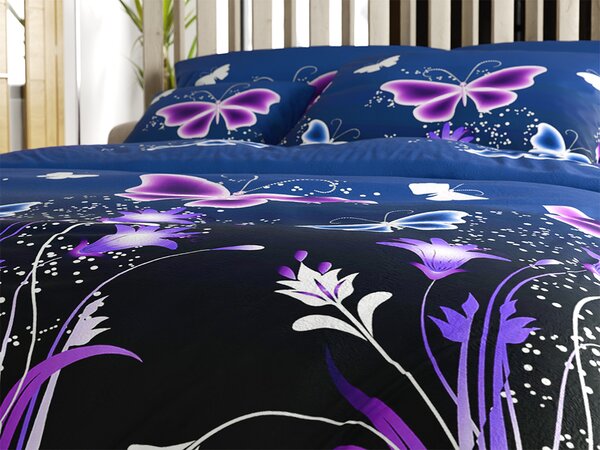 Sada mikroplyšového povlečení VIOLET BUTTERFLY tmavě modré + prostěradlo mikroplyš SOFT 180x200 cm bílé, dvoulůžko