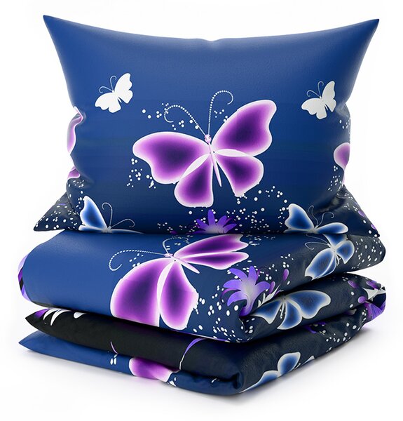 Sada mikroplyšového povlečení VIOLET BUTTERFLY tmavě modré + prostěradlo mikroplyš SOFT 180x200 cm bílé, dvoulůžko