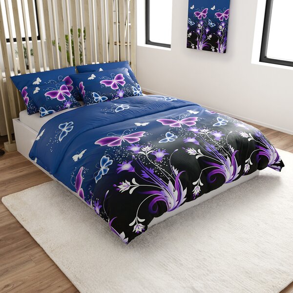 Sada mikroplyšového povlečení VIOLET BUTTERFLY tmavě modré + prostěradlo mikroplyš SOFT 180x200 cm bílé, dvoulůžko