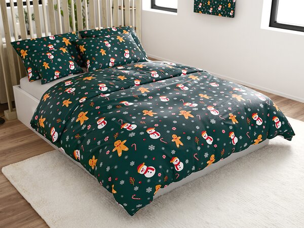 Sada mikroplyšového povlečení SNĚHULÁK A PERNÍČEK zelené + prostěradlo mikroplyš SOFT 180x200 cm bílé, dvoulůžko