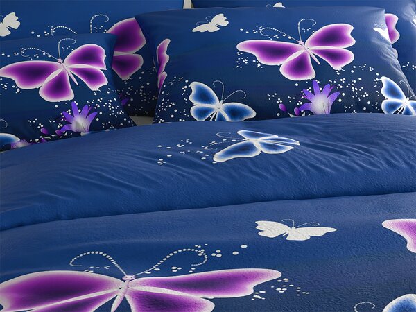 Sada mikroplyšového povlečení VIOLET BUTTERFLY tmavě modré + prostěradlo mikroplyš SOFT 180x200 cm bílé, dvoulůžko