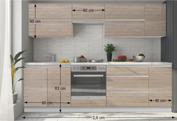 Kuchyňská sestava 260 cm Lina (bílá + dub sonoma)
