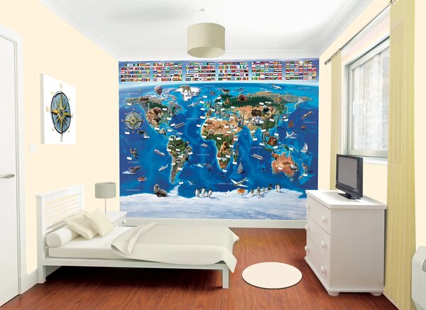 Dětská tapeta Mapa Světa, Walltastic, 304x243 cm