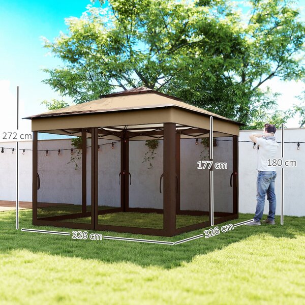 Skládací altán Outsunny 3x3x2,7m s nastavitelnou výškou dvojité střechy, moskytiérou, UV30+ ochranou, voděodolný a s nosičem - ideální pro zahradní pá