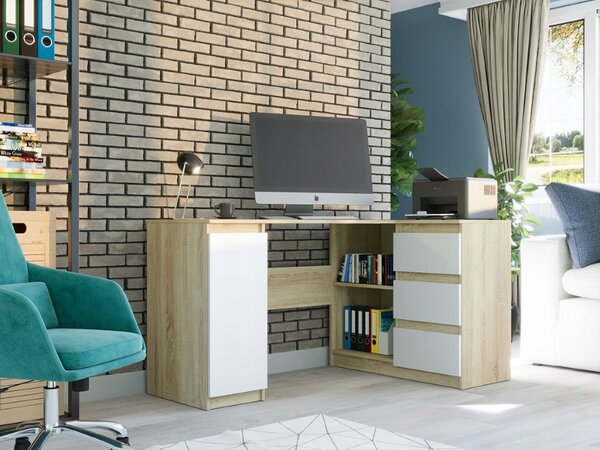 Rohový psací stůl Framire 150 cm dub sonoma, 3 zásuvky, obdélníkový