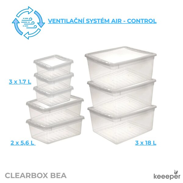 Keeeper Sada úložných boxů s víkem BEA Clearbox (3 x 1,7L, 2 x 5,5L, 3 x 18L), 39 x 33,5 x 25 cm